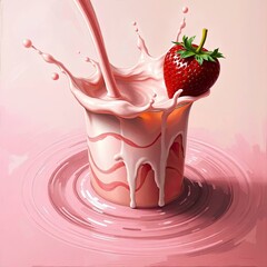 A surreal bird’s eye view illustration of a strawberry milk splash with ripples, presenting a dreamlike scene with generative ai