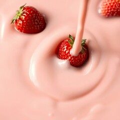 A surreal bird’s eye view illustration of a strawberry milk splash with ripples, presenting a dreamlike scene with generative ai