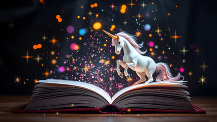 Magical unicorn leaping from an open storybook with sparkling colorful lights and glitter