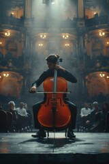 Fototapeta premium The cellist performs passionately on stage, the deep melody filling the entire concert hall