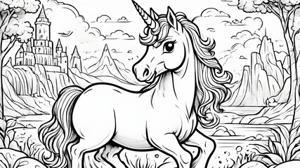 Majestic unicorn in a whimsical landscape with castle and mountain backdrop illustration