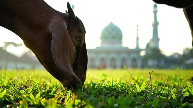 Close-Up of Goat Eating Grass on Eid al-Adha