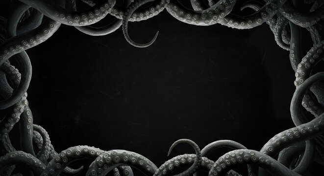 Octopus tentacles as frame border on cark background.