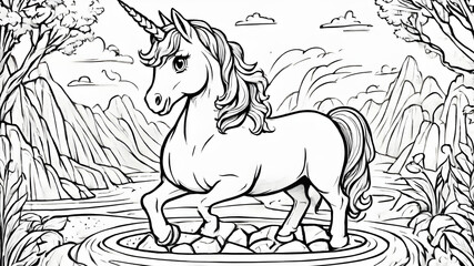 Majestic unicorn standing on rocks in a magical landscape ready for coloring or design