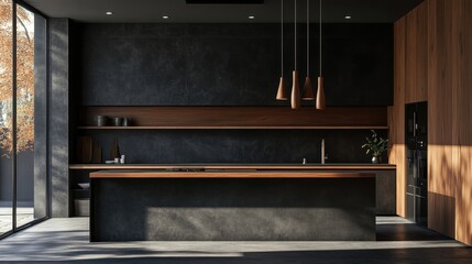 Minimalist Kitchen Interior Design with Black and Wood Accents