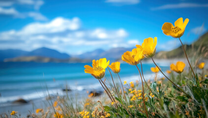 Vibrant Yellow Flowers by the Ocean