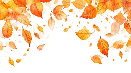 Watercolor painting of falling autumn leaves on white background.  The leaves are various shades of orange and yellow, creating a vibrant autumnal scene