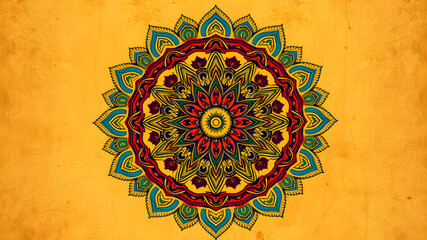 Vibrant mandala illustration on textured yellow background perfect for decorative designs