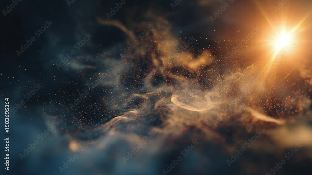 Sticker ethereal light rays dancing in a cloud of colorful particles and mystical fog in a dark background