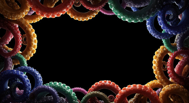 Varies color of octopus tentacles as frame border on cark background.