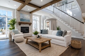 a modern farmhouse-style living room with white walls, dark wood floors and a staircase, a tan wall color, a fireplace on the left side