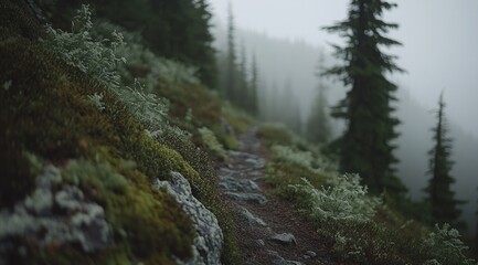 Obraz premium Misty mountain trail winds through mossy hillside