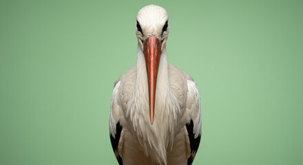 Frontal Portrait of a Striking Stork Against a Serene Green Backdrop © okayon