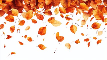 Falling autumn leaves against a white background.  A vibrant image showcasing the beauty of changing seasons
