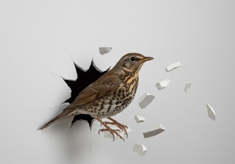 Fototapeta premium Song Thrush Emerges from a Wall, Symbolizing Breaking Barriers and Freedom