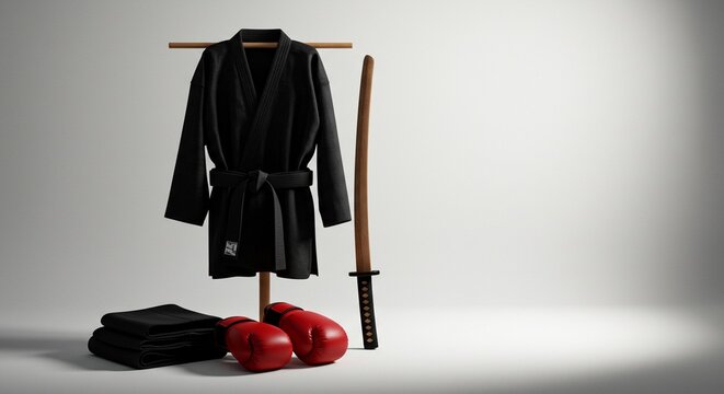 Martial arts gear displays kimono sword gloves mats minimalist setting studio - Powered by Adobe