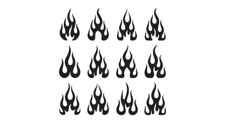 Twelve stylized flame designs perfect for tattoos logos or graphic design projects offering various shapes and sizes of fiery symbols.