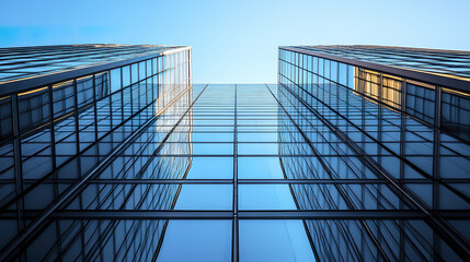 Obraz premium Upward view of towering glass skyscrapers reflecting clear blue sky