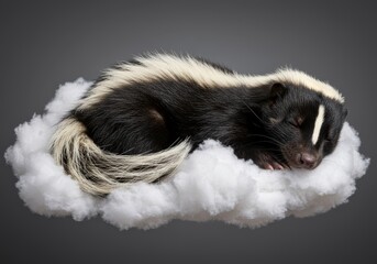 Naklejka premium Dreamy skunk resting peacefully on fluffy white cloud against gray backdrop