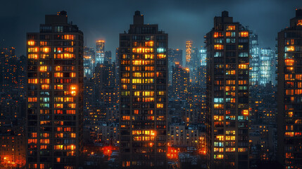 Fototapeta premium Urban high rises glowing with lights in dark, creating vibrant cityscape