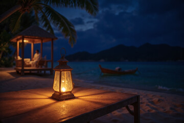 lantern sitting on top of a wooden table on a beach