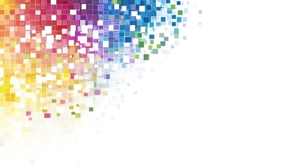 Colorful pixelated squares explode from corner