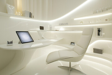 Ultra-modern white office with sculpted furniture, lighting, and tech devices.