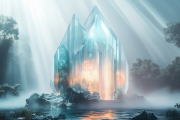 A futuristic shrine structure made from layered transparent glass panels, glowing with warm light amidst a misty forest setting.