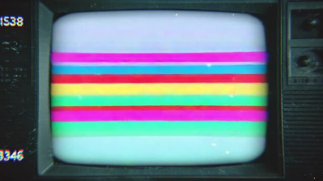 Colorful Retro Television Test Screen with Vibrant Stripes on a Vintage TV Set Displaying Channel Signal