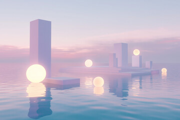 Futuristic minimal temple with glowing spheres floating on water at sunset, rendered in soft pastel tones.