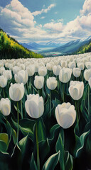 Fototapeta premium Stunning White Tulips Field with Mountain View