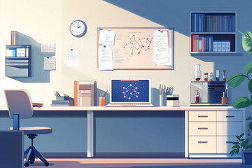 Clean and organized science research room with laptop and lab glassware in natural lighting.