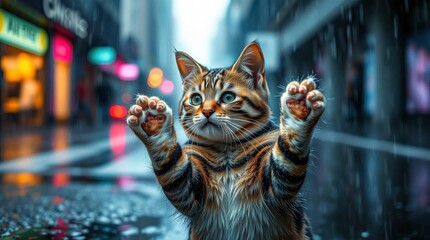 A sharp focus Tabby cat with raised paws against a blurred bokeh effect background, with generative ai