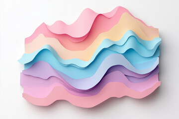 Layered pastel paper cut illustration forming abstract mountain landscape with soft gradients and flowing curves.