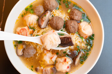 top view bowl of ChaoZhou beef offal and various seafood ingredients at horizontal composition