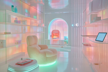 Stylish designer studio in pastel tones with LED lighting and soft furniture.