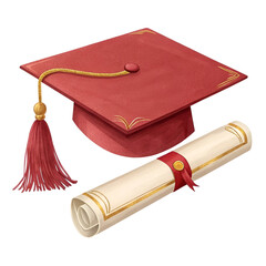 Graduation Cap and Diploma Isolated on Transparent Background