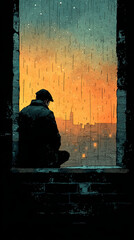 Solitary man sitting on window ledge at sunset, cityscape and rain, watercolor painting style