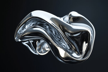 Futuristic abstract chrome shape suspended in dark space, reflecting fluid metallic curves.
