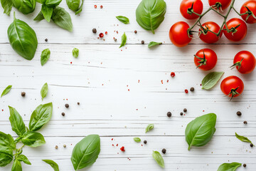 Fresh basil leaves and ripe tomatoes scattered on a white wooden tabletop, top view with clear space.