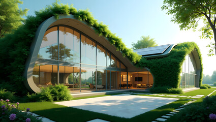 Naklejka premium Futuristic Eco-Friendly House 3D Render of Sustainable Architecture Design