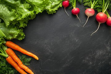 Fresh carrots, lettuce, and radishes arranged around the edges of a dark slate background, perfect for product or text placement.