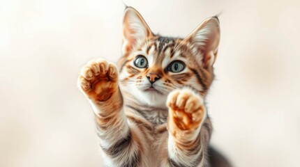 A sharp focus Tabby cat with raised paws against a blurred bokeh effect background, with generative ai