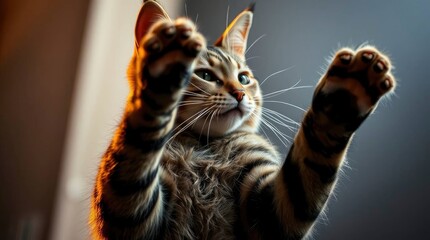 A sharp focus Tabby cat with raised paws against a blurred bokeh effect background, with generative ai