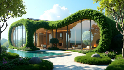 Stunning 3D Render Futuristic Eco-Friendly House Design with Lush Greenery and Infinity Pool