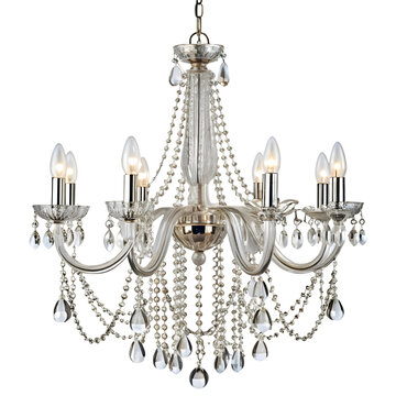 crystal chandelier with multiple arms and hanging beads
