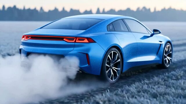 Blue modern sports car accelerating with tire smoke during burnout on a racetrack, emphasizing speed, power and dynamic performance