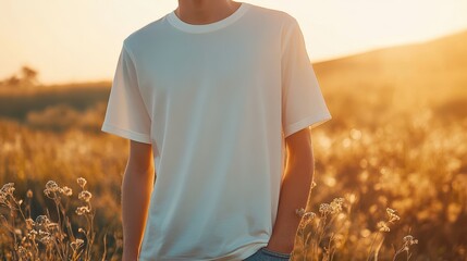 Youth in a sunlit field wearing casual attire during golden hour