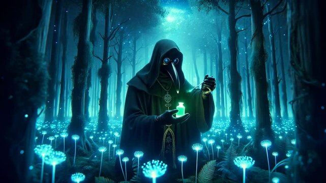 A cloaked figure in a mystical forest, interacting with glowing plants in a magical atmosphere.