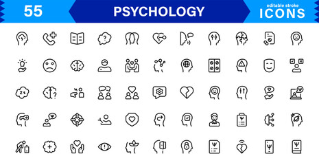 Professional Psychology Icon Set Featuring Mental Health, Therapy, Brain, Emotion, and Cognitive Elements in Clean Minimal Vector Illustration Style